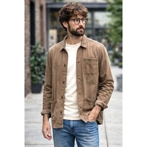 JOHN VARVATOS Men's Large Cotton Knit Chore  Shacket Tan Button Front Overshirt